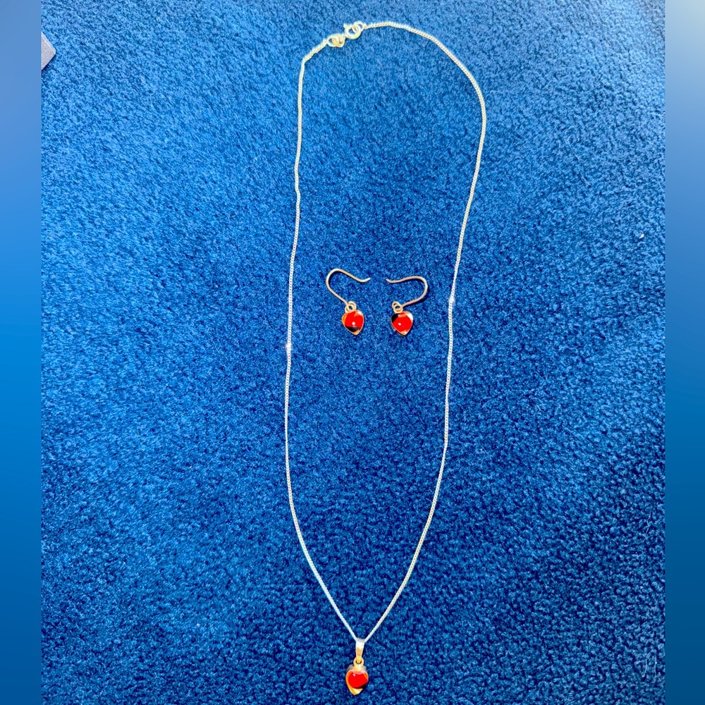 NEW!Sterling Silver Necklace and Earrings with Red Huayruro Seed Vintage Jewelry